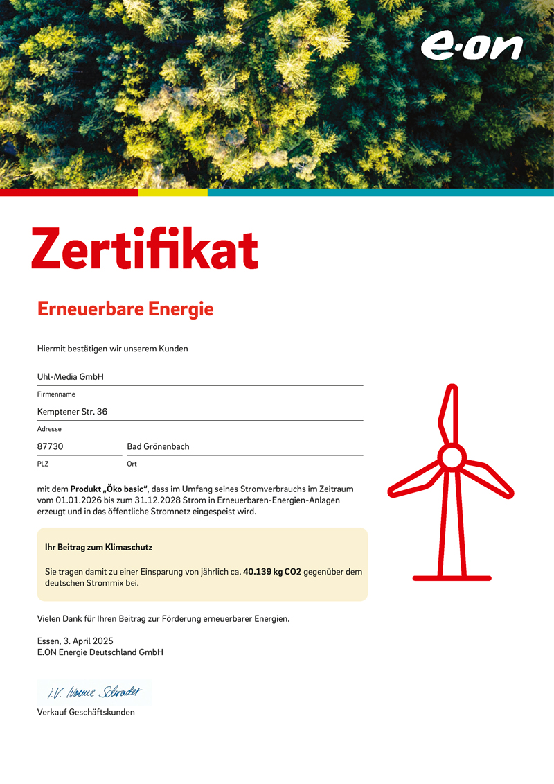 Urkunde Ökostrom EON, CO2-Zertifikat